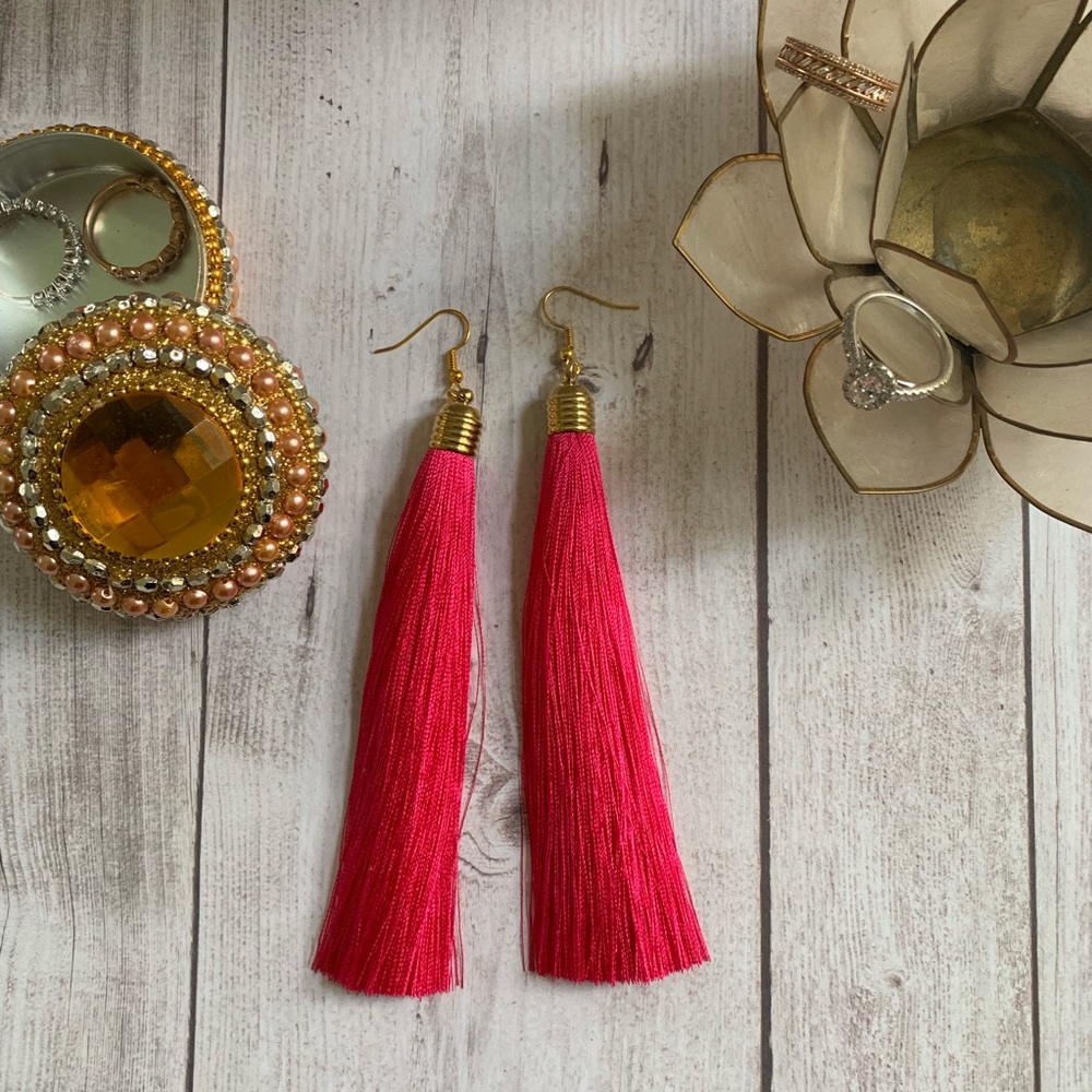 Pink Tassel Drop Earrings - Picture 2 of 7